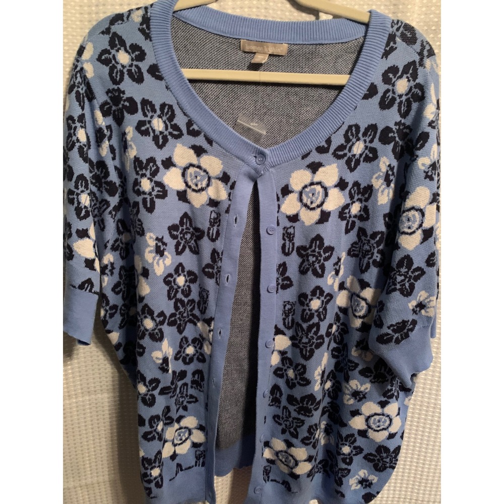 Woman Within Blue Floral V-Neck Button Front Short Sleeve Cardigan Plus Size 2X